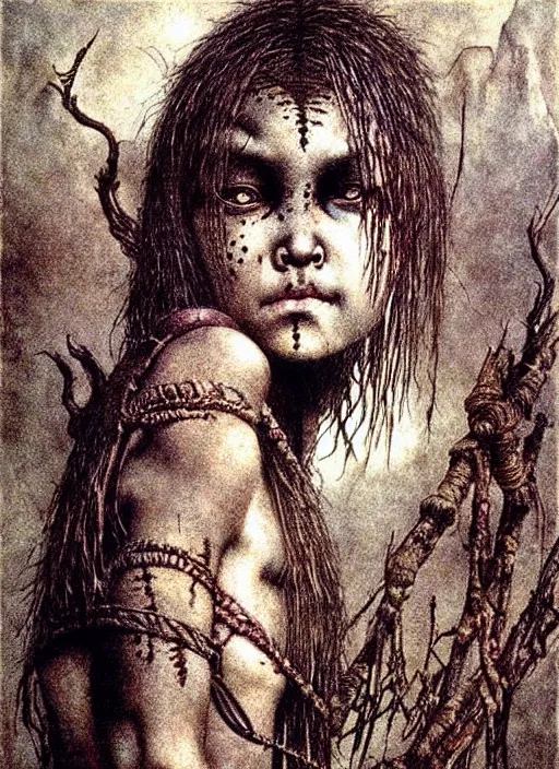 Image similar to barbarian girl in tribal painting by Beksinski and Arthur Rackham