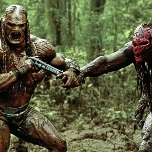 Image similar to film still of predator looking for his prey and john cena as major dutch, covered in mud and hiding from him in swamp scene in 1 9 8 7 movie predator, hd, 4 k