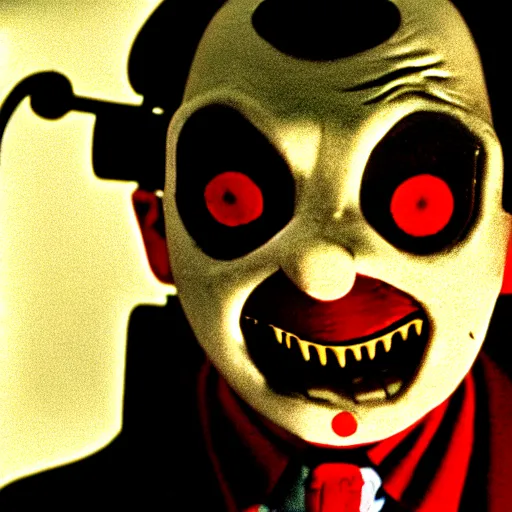 Image similar to mr. bean as jigsaw killer from the saw movies. movie still. cinematic lighting.