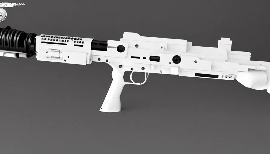 Image similar to extremely detailed ultra realistic side view photo sci fi minimalist coilgun rifle, detailed trigger, chemically propelled, electric, smooth streamline, elegant sleek smooth body, white paint, wires, railgun, chemrail, gauss, smooth utopian design, ultra high quality, octane, cod, destiny, warframe, terminator