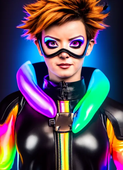 Image similar to hyperrealistic style portrait of tracer overwatch, confident pose, wearing black iridescent rainbow latex, rainbow, neon, 4 k, expressive happy smug expression, makeup, wearing detailed black leather collar, wearing sleek armor, studio lighting, black leather harness, expressive detailed face and eyes,