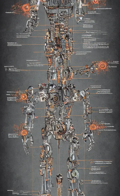 Image similar to anatomy of the terminator, robot, cyborg, t 1 0 0, arc reactor, bloodborne diagrams, mystical, intricate ornamental tower floral flourishes, rule of thirds, technology meets fantasy, map, infographic, concept art, art station, style of wes anderson