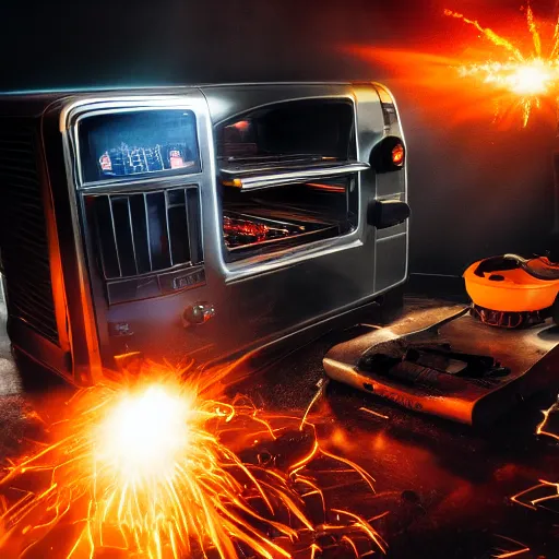 Image similar to cyborg toaster oven repairman, dark messy smoke - filled cluttered workshop, dark, dramatic lighting, orange tint, sparks, plasma rays, cinematic, highly detailed, sci - fi, futuristic, movie still, rule of thirds composition