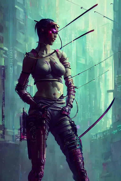 Image similar to female archer, cyberpunk futuristic neon. fencing, long sword in her hand, decorated with traditional japanese ornaments by ismail inceoglu dragan bibin hans thoma greg rutkowski alexandros pyromallis nekro rene maritte illustrated, perfect face, fine details, realistic shaded, fine - face, pretty face, masterpiece