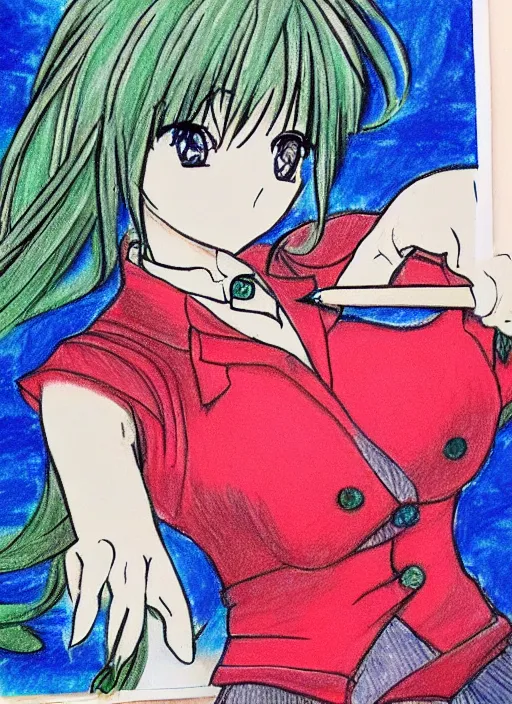 Image similar to drawn anime woman in business clothing, crayon art, very silly, very anime