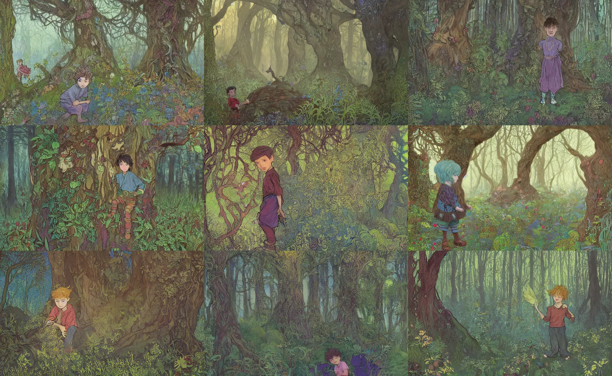 Prompt: children kids book illustration of boy in magical fantasy forest, by beatrice blue, by julia sarda, by loish, by szymon biernacki. dark guache, pastels. pencils. dark. complex pattern figurative ornamental. leafy mossy patterns. traditional. disney. mucha. old textured patterns, orthoview