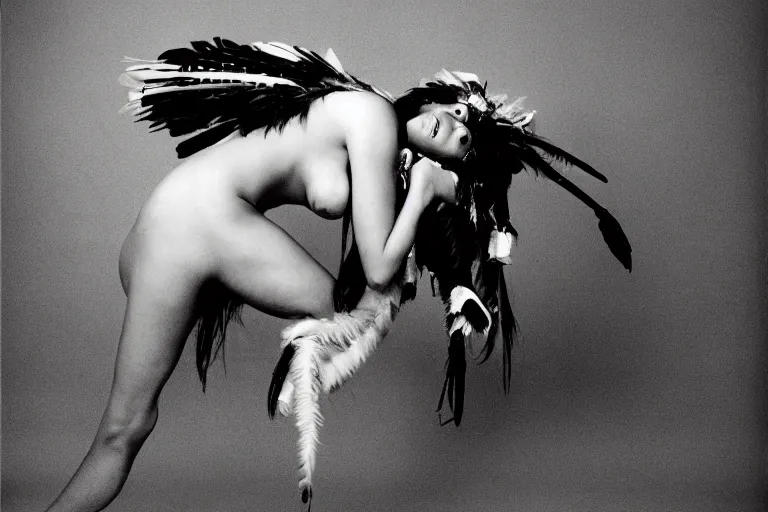 Prompt: a woman in a buffalo headdress reclining on the ground with one leg in the air, cosplay, photoshoot, studio lighting, photograph by Bruce Weber