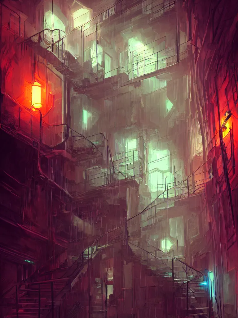 Image similar to down a basement staircase neon lights cyberpunk style digital painting concept art smooth sharp focus hyperrealistic illustration artstati