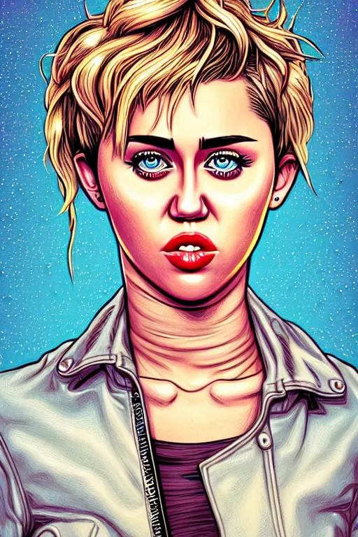 Image similar to a portrait of miley cyrus with long hair, drawn by robbie trevino and dan mumford, poster, digital art, comic art, concept art,, single head, no double head,