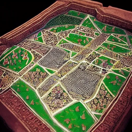 Prompt: “Mughal miniatures of a city plan for a walled city to be built in New Delhi, highly detailed, intricate, very very very detailed”