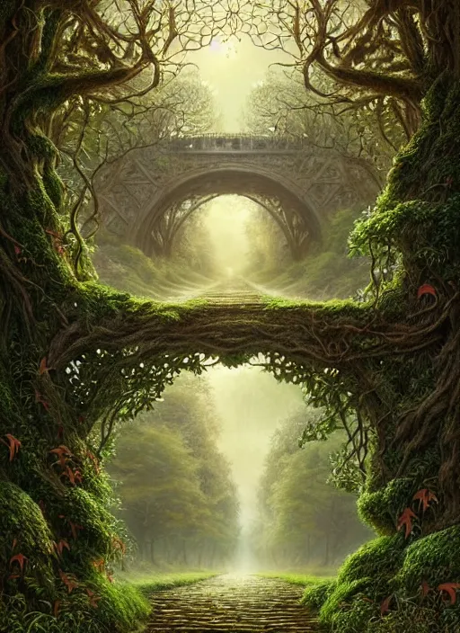 Image similar to book cover!!!!!!!!!!!!, old bridge, ivy leaves graphic vectors at each border, fantasy forest landscape, fantasy magic, light night, intricate, elegant, sharp focus, illustration, highly detailed,, art by wlop and artgerm and ivan shishkin and andrey shishkin, masterpiece