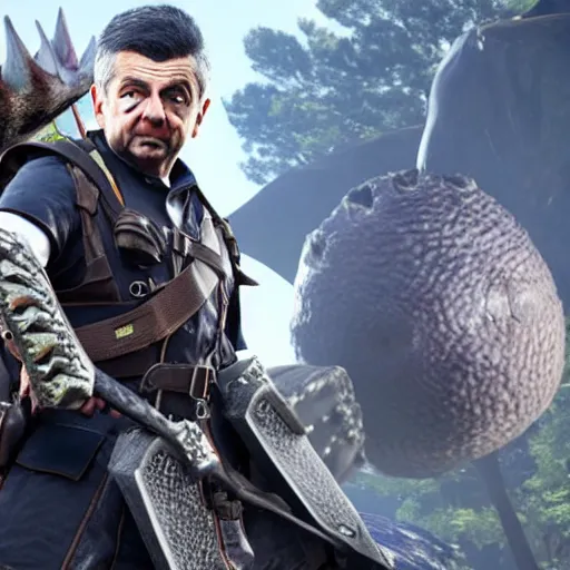 Image similar to rowan atkinson as the main character in monster hunter world, 3 d render, unreal engine, octane render, ray tracing, unity, highly detailed, high quality, hd, 4 k, 8 k, realistic, sharp, trending