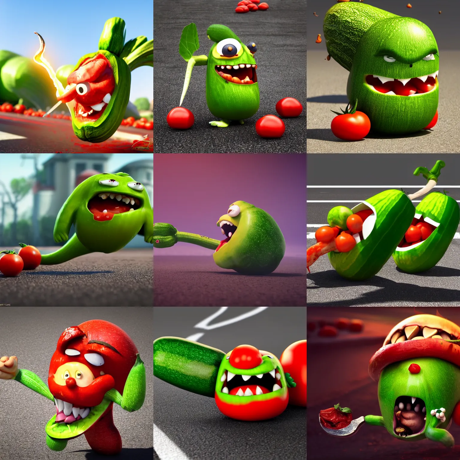 Prompt: detailed 3 d render of an angry furious zucchini ninjawith a bloody nunchacku in his hand running down the road after a group of tomatoes scared to death, hyper realistic octane render, dramatic lighting, dark mood, nightmare, surrealism, pixar, disney, cartoon