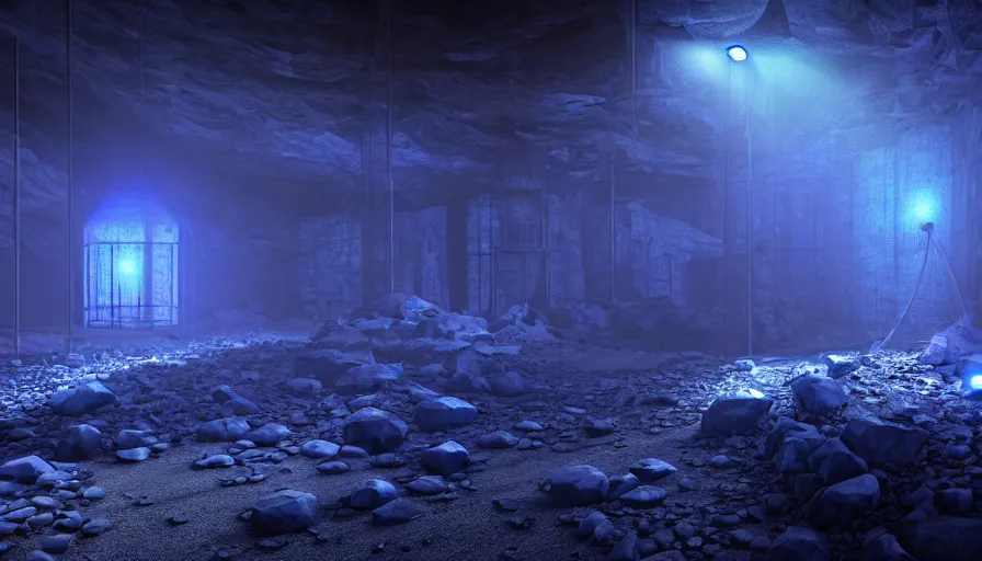 Prompt: Blue Glowing Gemstones in an abandoned old mine, Volumetric Lighting, Anamorpic Lens, Cinematic Lighting, Hyperrealistic Rendering, Hyperdetailed, Intricate Details, Dynamic Lights, Raytracing