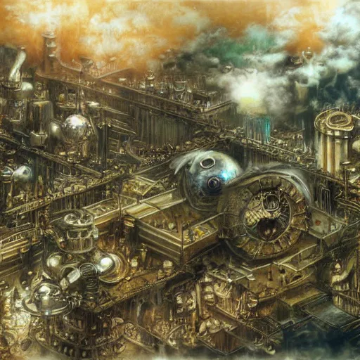 Image similar to conceptual art from from final fantasy 7, the steam punk city midgard by master artist yoshitaka amano