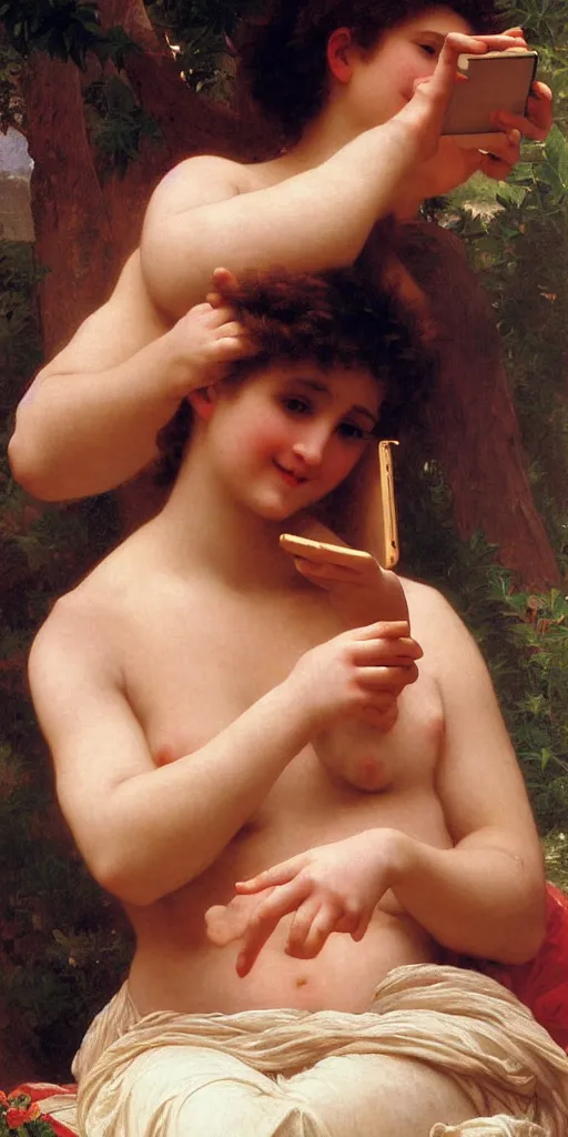 Image similar to Painting of Aphrodite smiling at a text she just received on her smartphone. Art by william adolphe bouguereau. During golden hour. Extremely detailed. Beautiful. 4K. Award winning