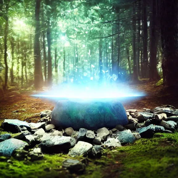 Image similar to magic stone portal in the forest, splash art, movie still, cinematic lighting, dramatic, octane render, long lens, shallow depth of field, bokeh, anamorphic lens flare, 8k, hyper detailed, 35mm film grain