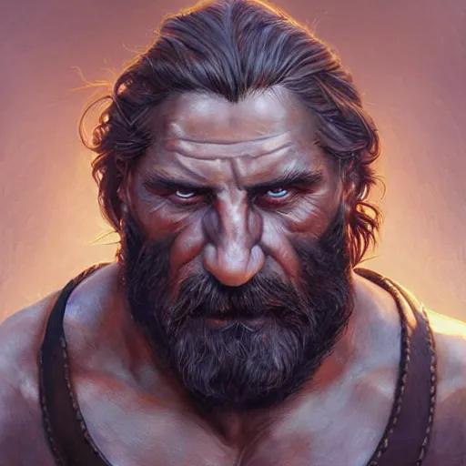 Prompt: hephaestus, sebastien chabal, blacksmith, leather apron, muscular arms, d & d, fantasy, portrait, highly detailed, headshot, digital painting, trending on artstation, concept art, sharp focus, illustration, art by artgerm and greg rutkowski and magali villeneuve