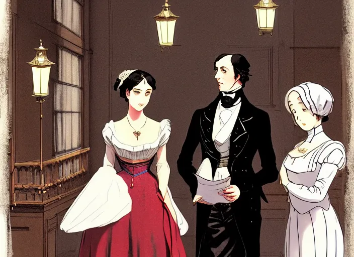 Prompt: victorian britain 1 8 3 6, wealthy couple william and fanny nightingale entertain numerous guests in english victorian manor, adolecent florence nightingale reciting poetry, lamp light, finely detailed perfect art, gapmoe yandere grimdark, trending on pixiv fanbox, painted by greg rutkowski makoto shinkai takashi takeuchi studio ghibli