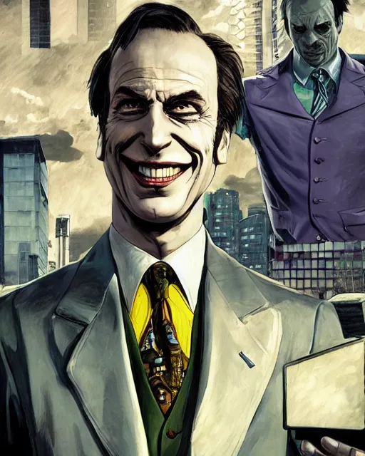 Image similar to portrait of saul goodman as the joker, gta loading screen, art by makoto shinkai and peter elson, bernie wrightson