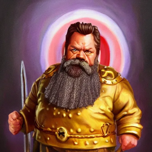 Image similar to a hyperrealistic painting of a saintly dwarven cleric that looks like ron swanson looking stoicly to the right, golden hour, iconography, cyberpunk