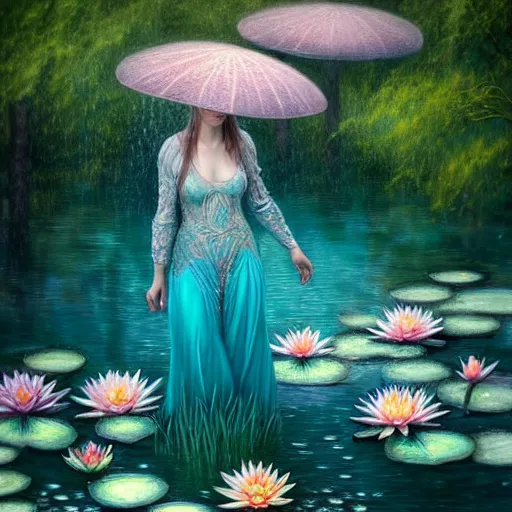 Image similar to light teal portrait in the rain on pond with waterlilies, fantasy, intricate, elegant, dramatic lighting, emotionally evoking symbolic metaphor, highly detailed, lifelike, photorealistic, digital painting, artstation, concept art, smooth, sharp focus, illustration, art by John Collier and Albert Aublet and Krenz Cushart and Artem Demura and Alphonse Mucha