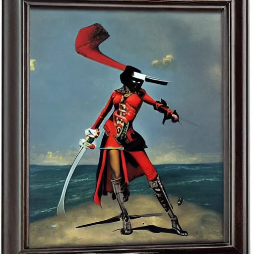 Image similar to Swashbuckling female pirate in space, grace jones, courbet