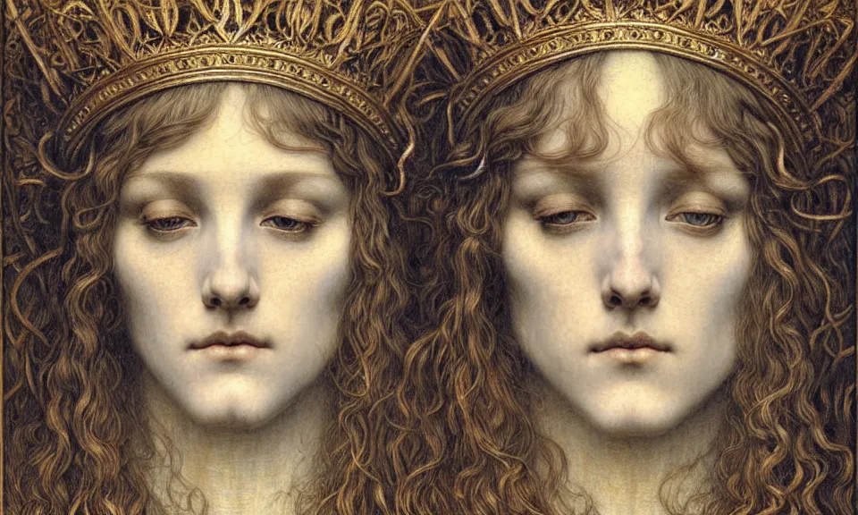 Image similar to detailed realistic beautiful young medieval queen face portrait by jean delville, gustave dore and marco mazzoni, art nouveau, symbolist, visionary, gothic, pre - raphaelite. horizontal symmetry