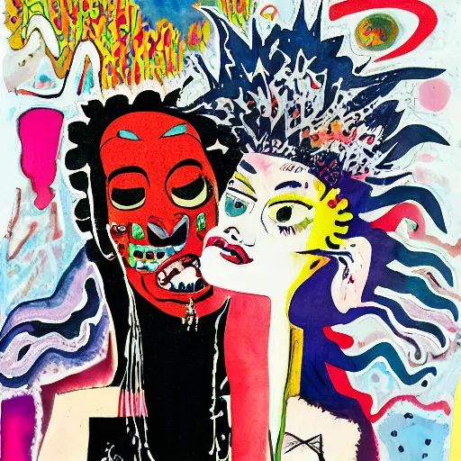 Image similar to watercolor painting of two bizarre psychedelic monster women kissing in japan in winter, speculative evolution, mixed media collage by basquiat and jackson pollock, maximalist magazine collage art, sapphic art, psychedelic illustration