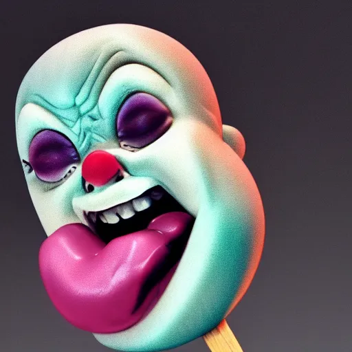 Image similar to ice cream popsicle shaped like screaming chucky doll, octane render, centered, slightly melted