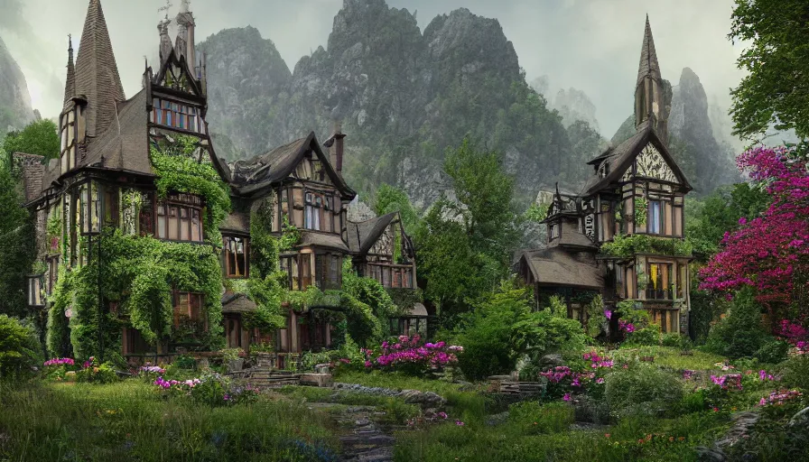 Prompt: Realistic image of a small Neo-Gothic manor covered by flowers in a middle of green mountains with waterfalls in the background, hyperdetailed, artstation, cgsociety, 8k