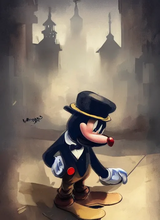 Prompt: mickey mouse wearing a peaky blinders outfit, elegant, digital painting, concept art, smooth, sharp focus, illustration, from peaky blinders by ruan jia and mandy jurgens and artgerm and william - adolphe bouguerea