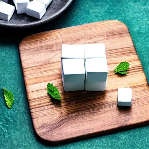 Image similar to photograph of a marshmallow cube with mint swirls on a dark wooden chopping board, hessian cloth, styled food photography, photorealistic, 4 k