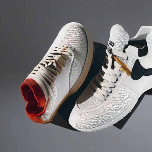 Image similar to a studio photoshoot of Nike sneakers designed by Tom Sachs, cream leather with knitted mesh material, gum rubber outsole, realistic, color film photography by Tlyer Mitchell, 35 mm, graflex