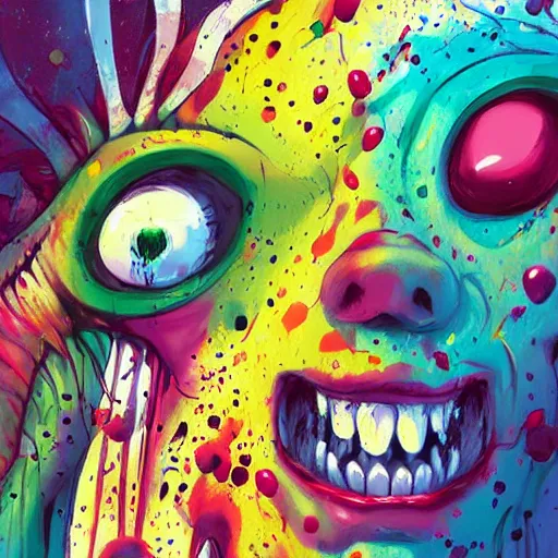 Image similar to colorful illustration of monster, splatters, by zac retz and junji ito