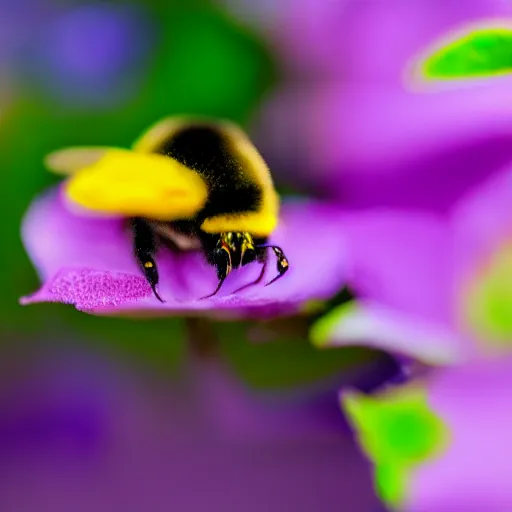 Image similar to surreal composite bumble bee made of flowers, pedicel legs, flower petal wings, siting on a finger, 5 0 mm lens, f 1. 4, sharp focus, ethereal, emotionally evoking, head in focus, volumetric lighting, blur dreamy outdoor