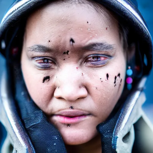 Image similar to photographic portrait of a poor techwear woman holding back tears, a futuristic shanty town burns in the background, closeup, sigma 85mm f/1.4, 4k, depth of field, high resolution, 4k, 8k, hd, full color