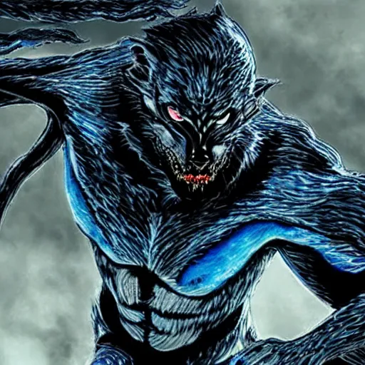 Prompt: a werewolf with a blue venom symbiote, movie still