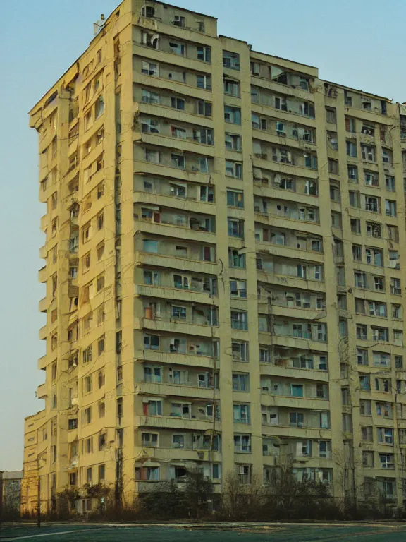 Prompt: soviet panel apartment building, extreme wide shot, golden hour, kodak gold 2 0 0, side - view