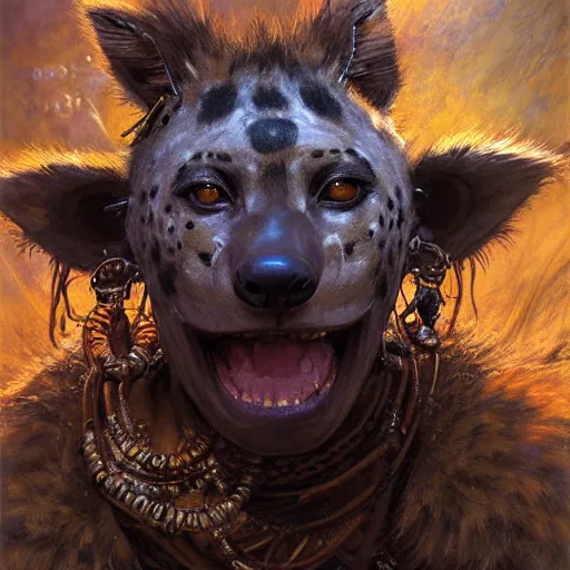 Image similar to portrait of a hyena gnoll shaman wizard. shadowrun furaffiniy cyberpunk fantasy highly detailed painting by gaston bussiere craig mullins jc leyendecker gustav klimt artgerm greg rutkowski john berkey, bergey, craig mullins, ruan jia, raymond swanland, jeremy mann, tom lovell, alex malveda