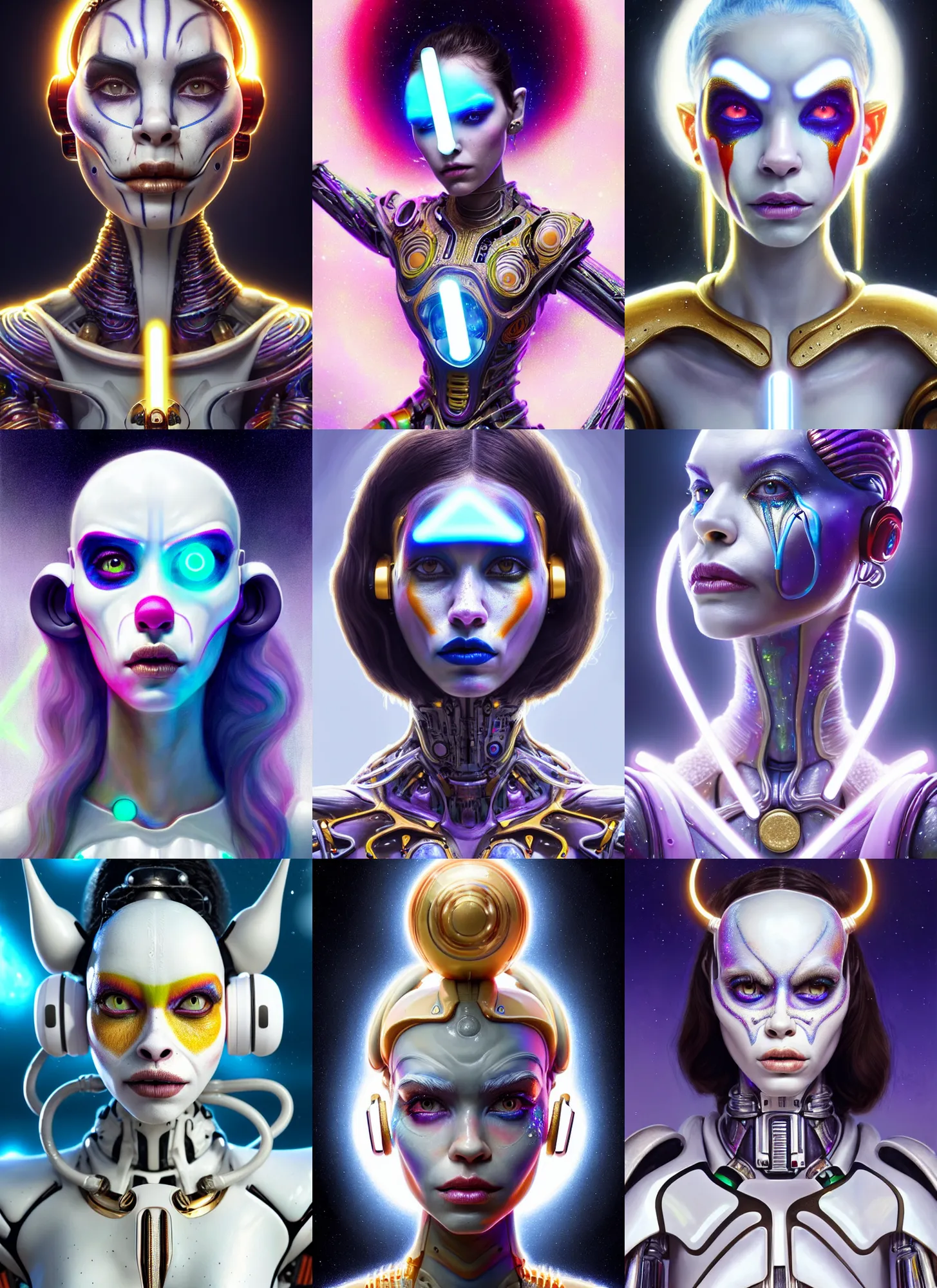 Prompt: bright white polished galactic clowncore weta cyborg : : disney pixar star wars portrait, soft devil queen madison beer, bling airpods, hi - fructose, sci - fi fantasy intricate decadent highly - detailed digital painting, golden ratio, octane render, artstation, concept art, smooth, sharp focus, illustration, artgerm, mucha, loish, wlop