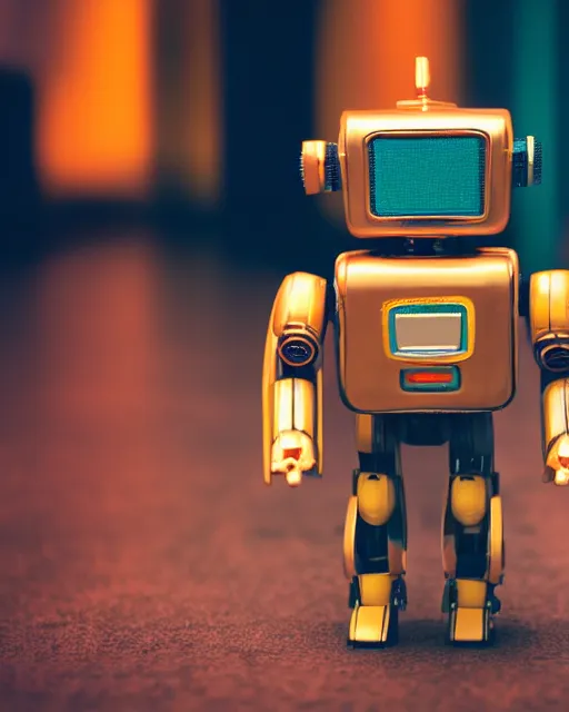 Image similar to high quality presentation photo of a retro toy robot, photography 4k, f1.8 anamorphic, bokeh, 4k, Canon, Nikon