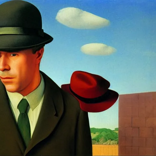 Prompt: a detective loses his hat in the wind by Raphael, Hopper, and Rene Magritte. detailed, romantic, enchanting, trending on artstation.