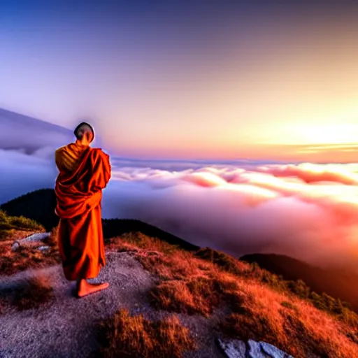 Prompt: a monk training on top of a mountain, fog, midjourney style, sunset, beautiful