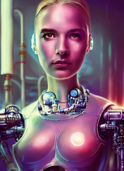 Prompt: cyberpunk,sci-fi, fantasy,Kodak Portra 400, 8K, soft light, volumetric lighting, highly detailed, britt marling style 3/4 ,portrait photo of a beautiful cyborg robot woman in a chemical laboratory + face, intricate, elegant, highly detailed, digital painting, artstation, concept art, smooth, sharp focus, illustration,art by artgerm and greg rutkowski and alphonse mucha