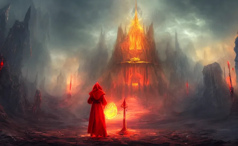 Image similar to red hooded mage, holding a golden bell, standing in front of an arcane gate to another realm, mindblowing, concept art, matte, illustration, ominous, magical, dnd, 4 k uhd, very detailed