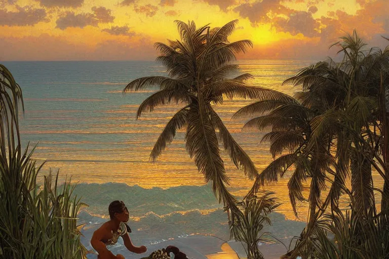 Image similar to a beautifully detailed painting of a caribean tropical shoreline, tranquil waters, sunset, hyperdetailed, worth1000.com, by Greg Rutkowski, by Alphonse Mucha, artgerm, cgsociety, serenity,