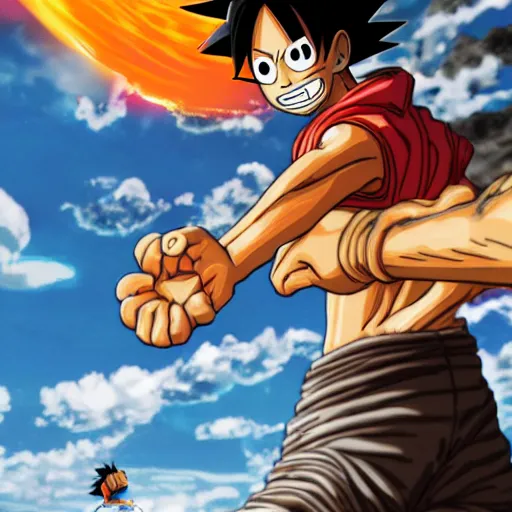 Image similar to luffy dapping up goku in the hood, hyper realistic, 4 k, ultra detailed, intricate, octane render, award winning, magazine spread,