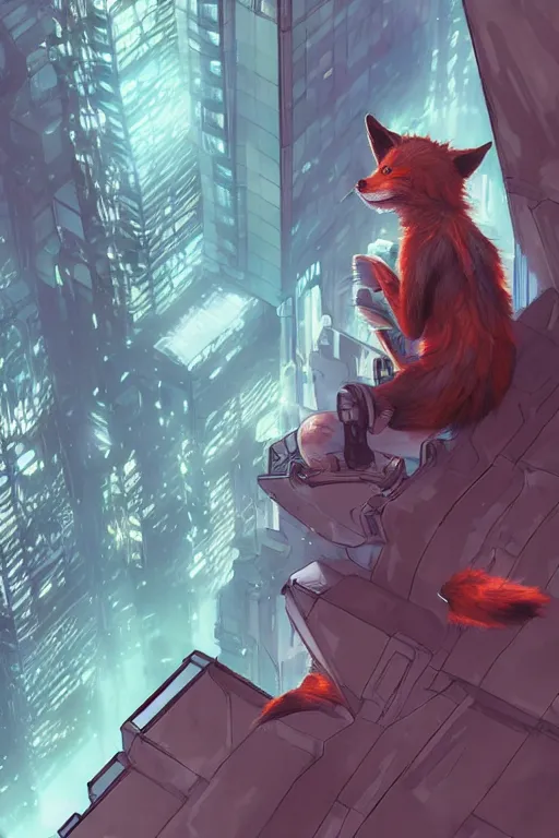 Image similar to a cyberpunk anthropomorphic fox with a fluffy tail staring over a futuristic city from the top of a roof, comic art, trending on furaffinity, cyberpunk, backlighting, cartoon, by kawacy