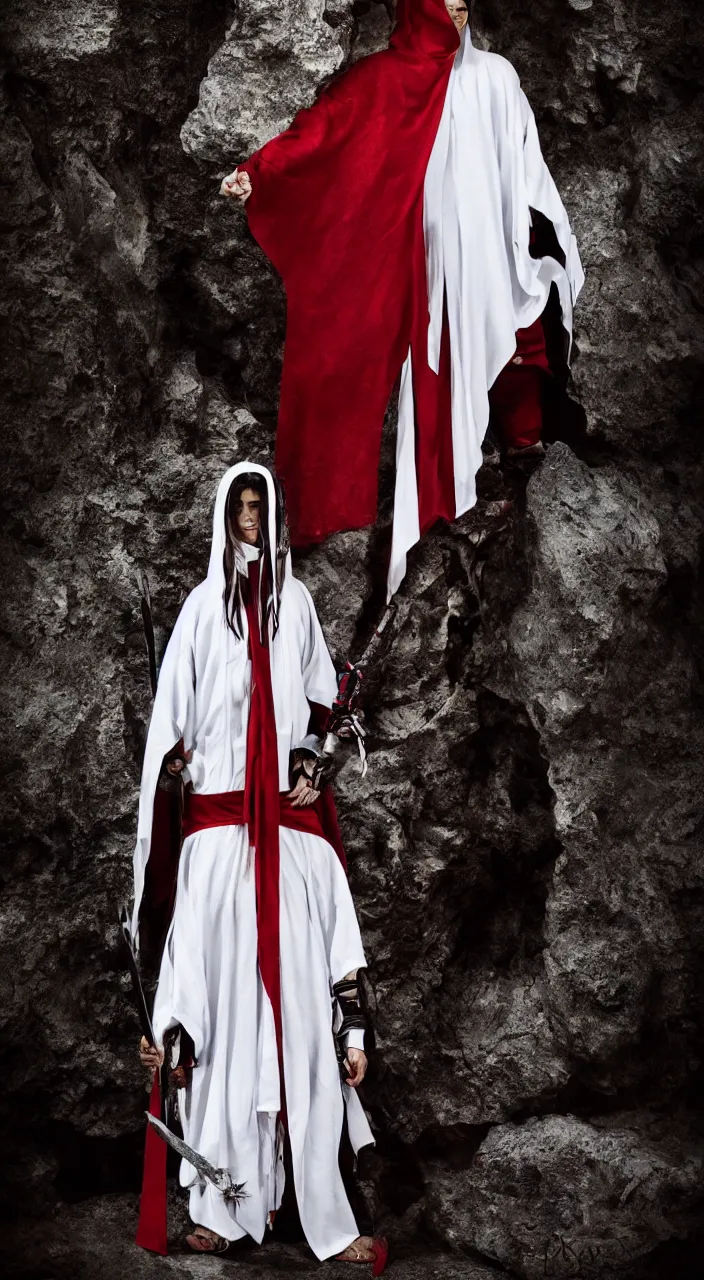 Image similar to samarai cloaked in white with swords, standing in light beam of a dark cave, ruby red sorrow, high quality, ultra detail,